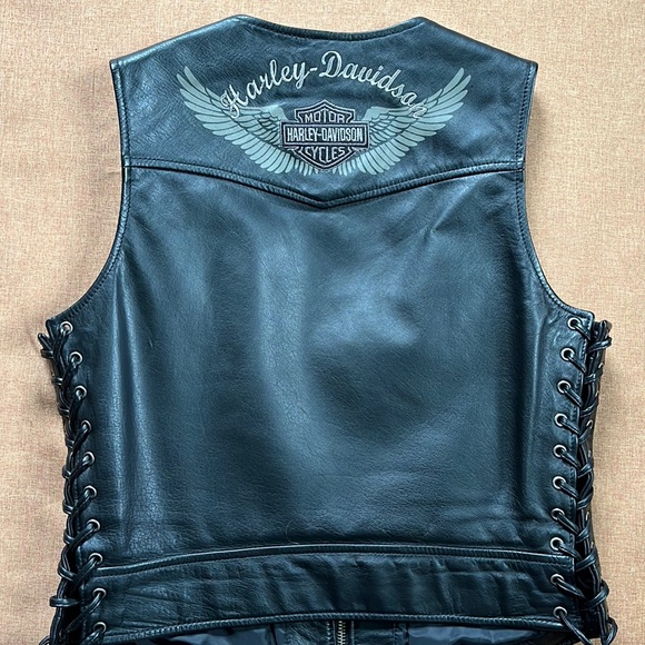 Harley-Davidson Tops - Genuine Harley Davidson Leather Vest Size M EUC Lace-Up Sides Embroidered Back